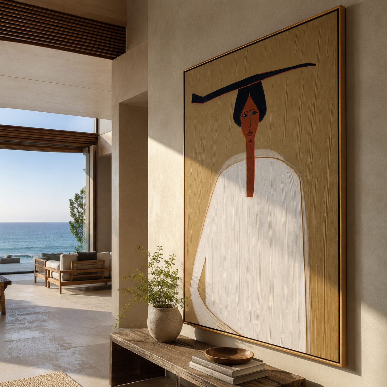 White Robe Meets Shadow - white robe black hat figure by Marcus Lau, Retro Modern vertical wall art – styled room scene view 5