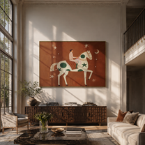 Moon Stars Follow Rider - rider on spotted horse by Marcus Lau, Retro Modern horizontal wall art – styled room scene view 1