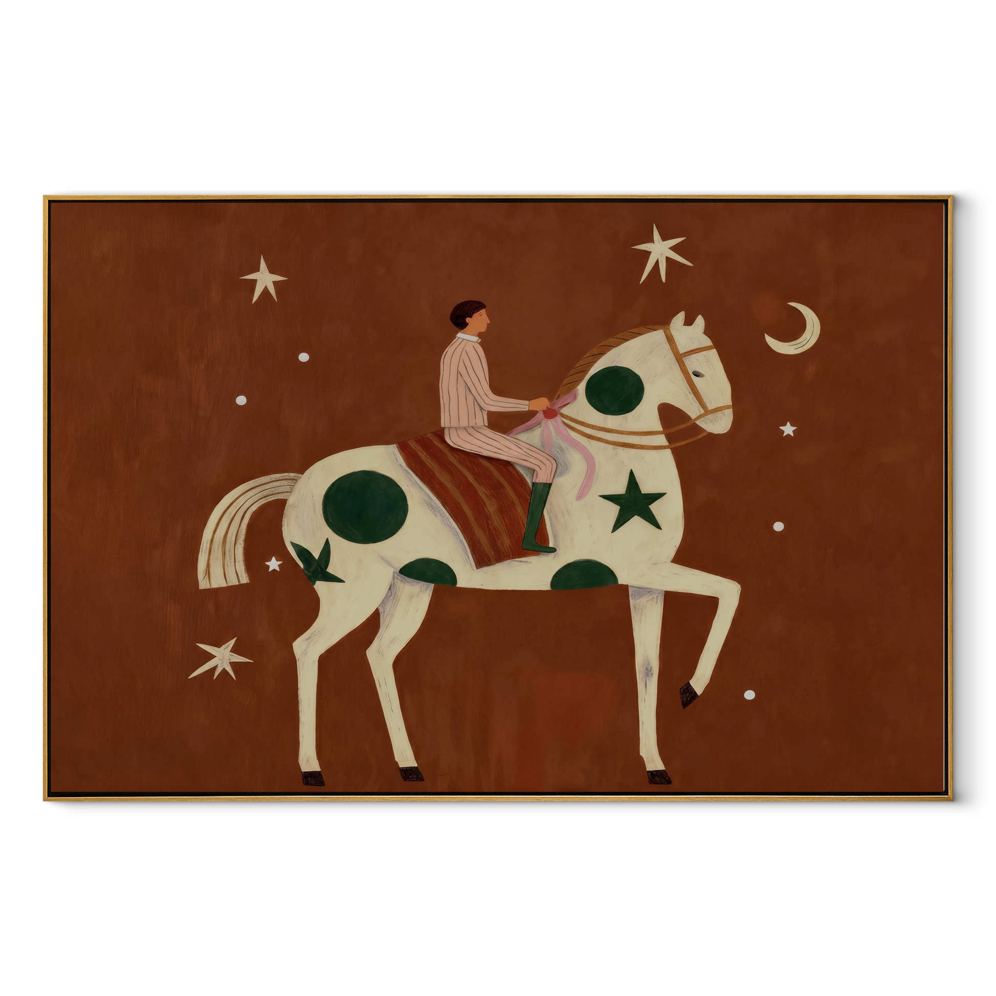 Moon Stars Follow Rider - rider on spotted horse by Marcus Lau, Retro Modern horizontal wall art – wood frame on white background