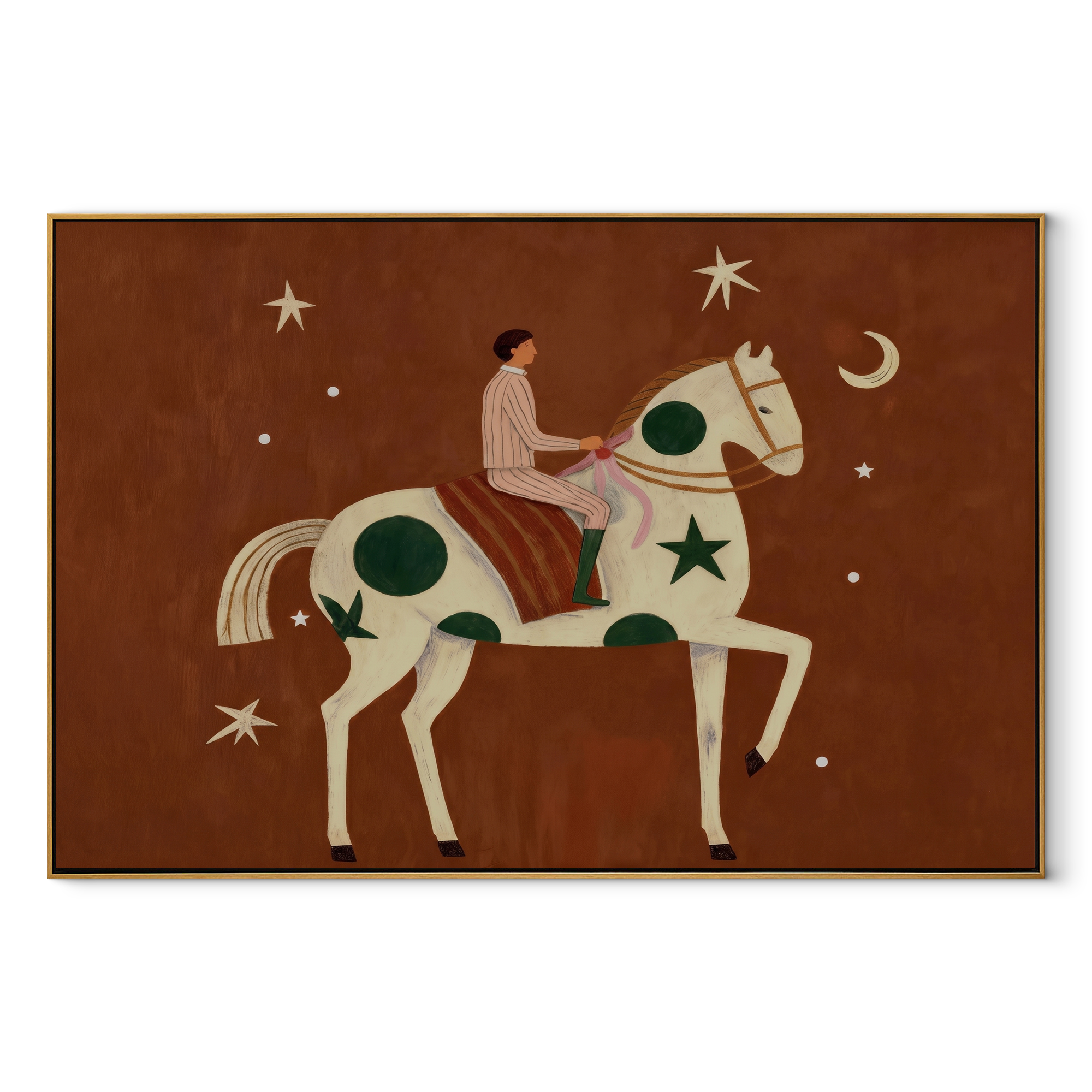 Moon Stars Follow Rider - rider on spotted horse by Marcus Lau, Retro Modern horizontal wall art – wood frame on white background