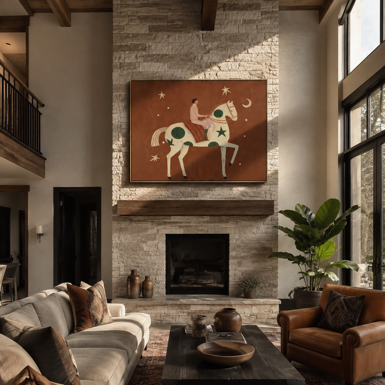 Moon Stars Follow Rider - rider on spotted horse by Marcus Lau, Retro Modern horizontal wall art – styled room scene view 2