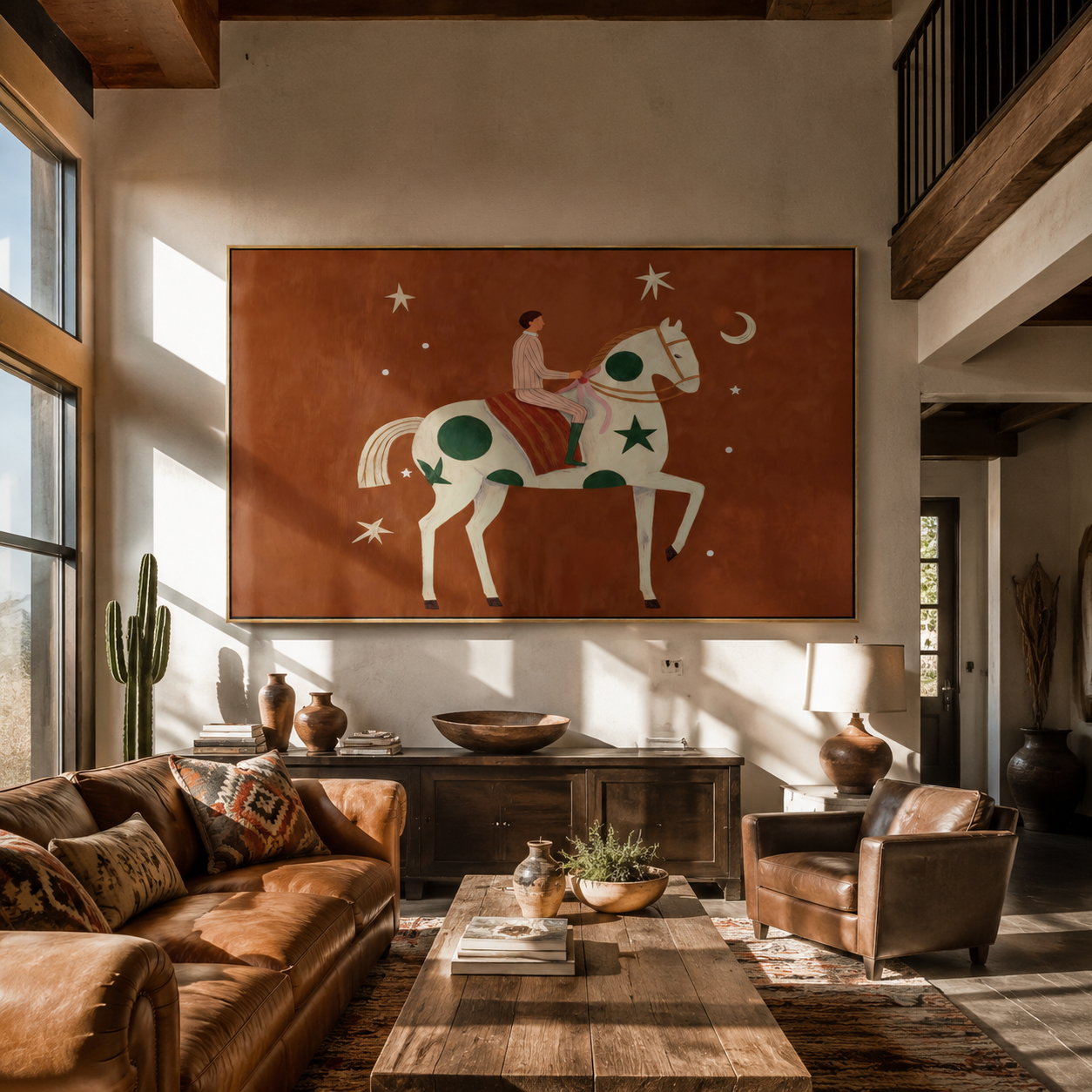 Moon Stars Follow Rider - rider on spotted horse by Marcus Lau, Retro Modern horizontal wall art – styled room scene view 3