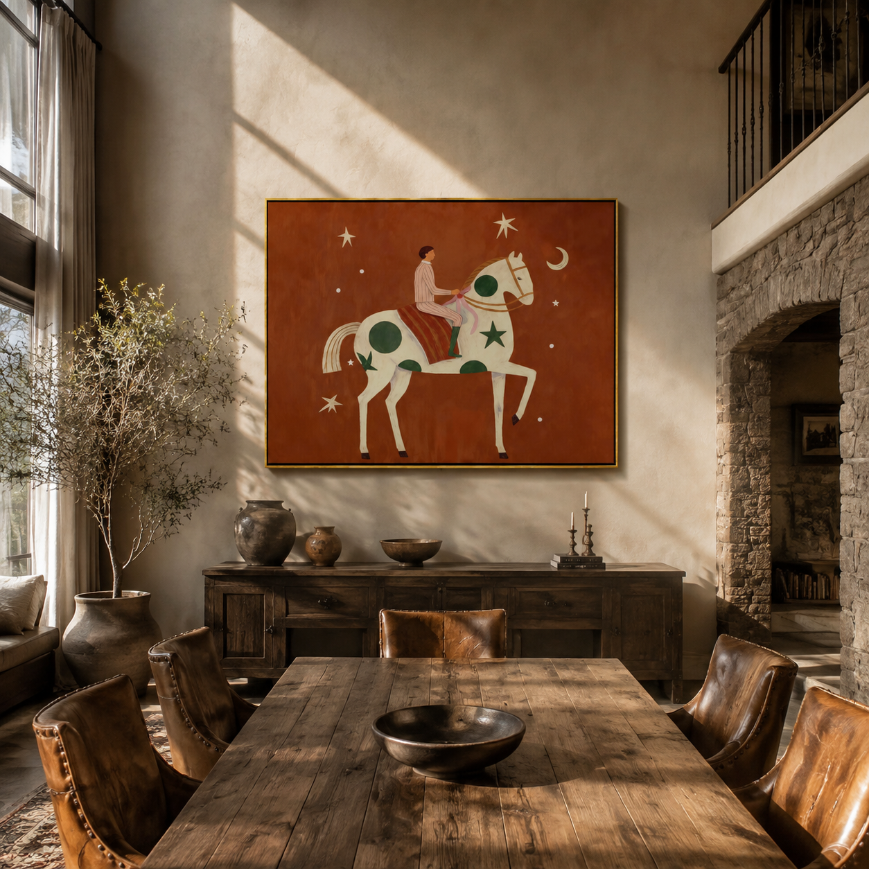 Moon Stars Follow Rider - rider on spotted horse by Marcus Lau, Retro Modern horizontal wall art – styled room scene view 4