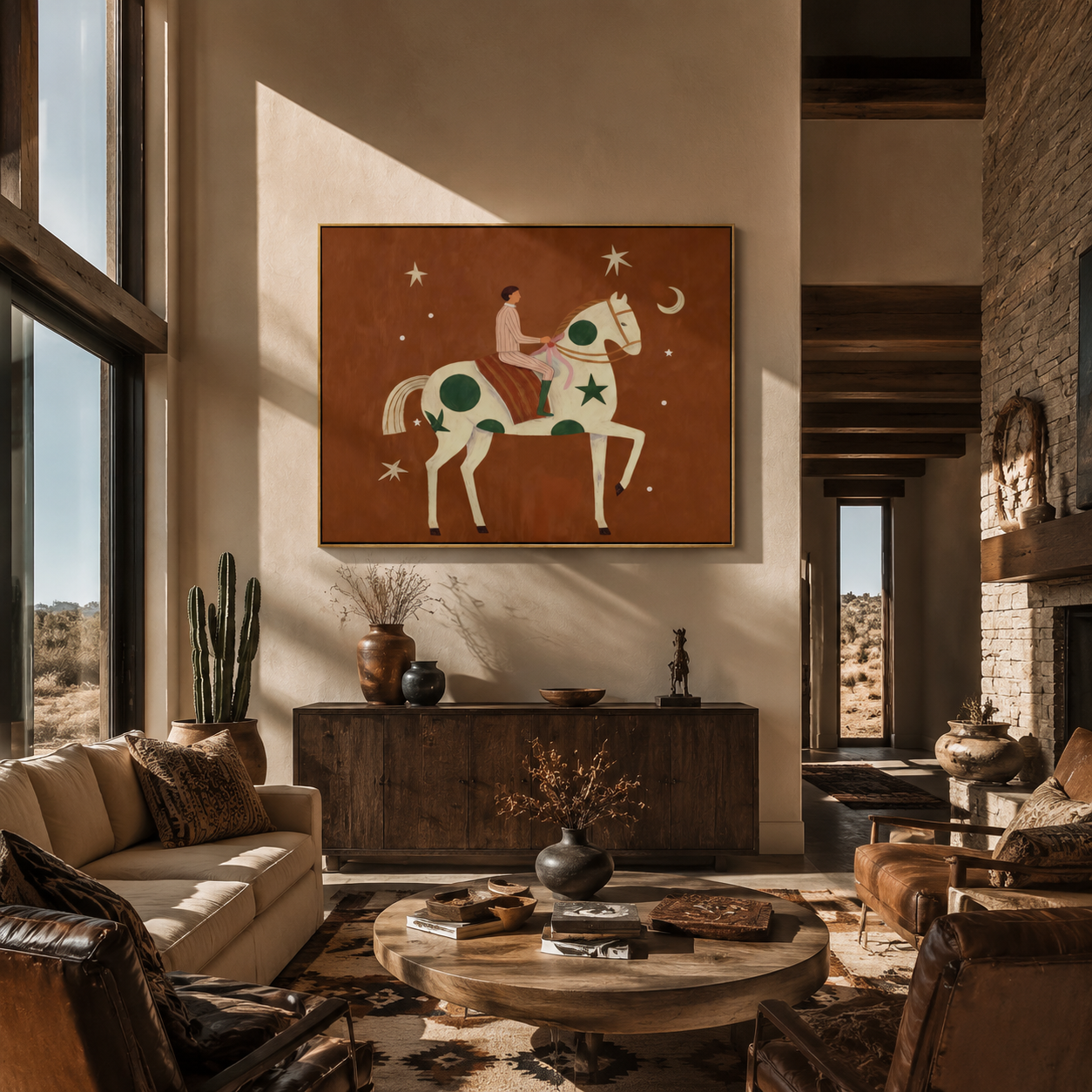 Moon Stars Follow Rider - rider on spotted horse by Marcus Lau, Retro Modern horizontal wall art – styled room scene view 5