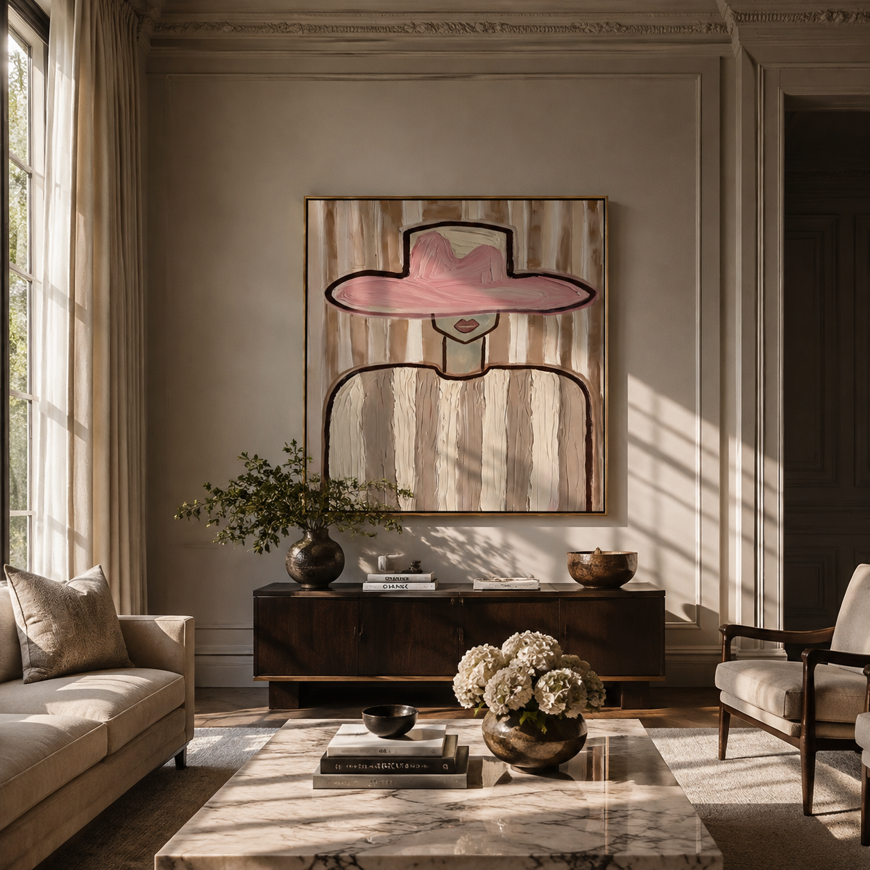 Pink Brim Meets Stripes - pink hat striped figure by Marcus Lau, Retro Modern square wall art – styled room scene view 1