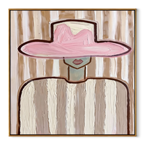 Pink Brim Meets Stripes - pink hat striped figure by Marcus Lau, Retro Modern square wall art – wood frame on white background