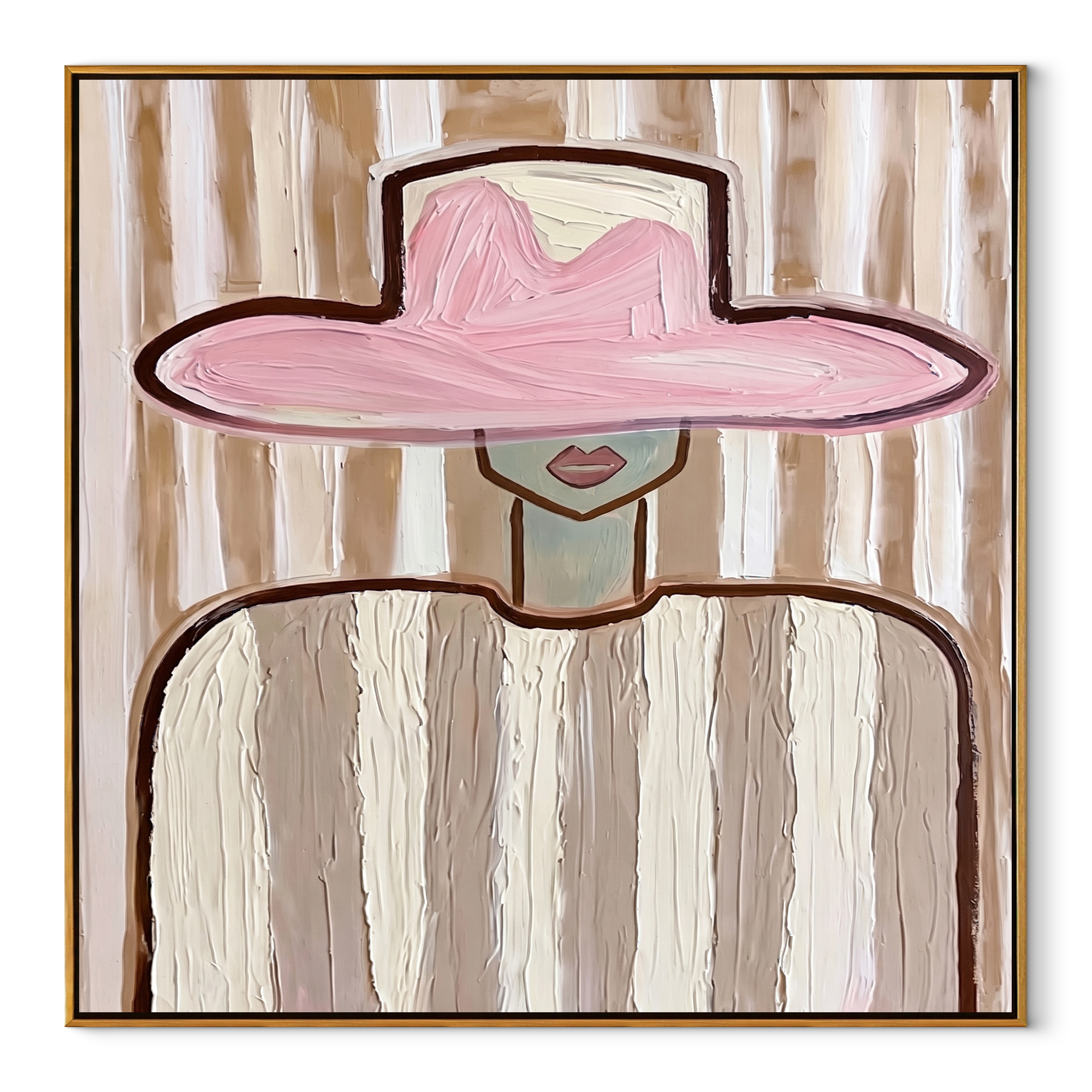 Pink Brim Meets Stripes - pink hat striped figure by Marcus Lau, Retro Modern square wall art – wood frame on white background