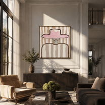 Pink Brim Meets Stripes - pink hat striped figure by Marcus Lau, Retro Modern square wall art – styled room scene view 2