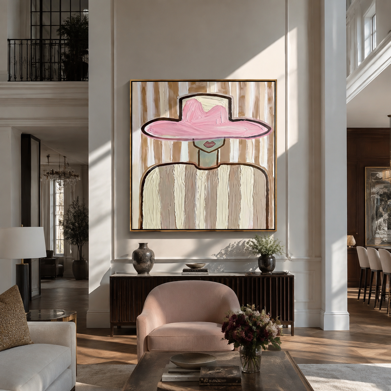 Pink Brim Meets Stripes - pink hat striped figure by Marcus Lau, Retro Modern square wall art – styled room scene view 3