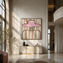 Pink Brim Meets Stripes - pink hat striped figure by Marcus Lau, Retro Modern square wall art – styled room scene view 4