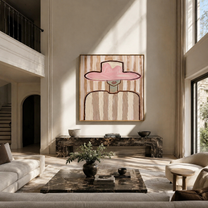 Pink Brim Meets Stripes - pink hat striped figure by Marcus Lau, Retro Modern square wall art – styled room scene view 5