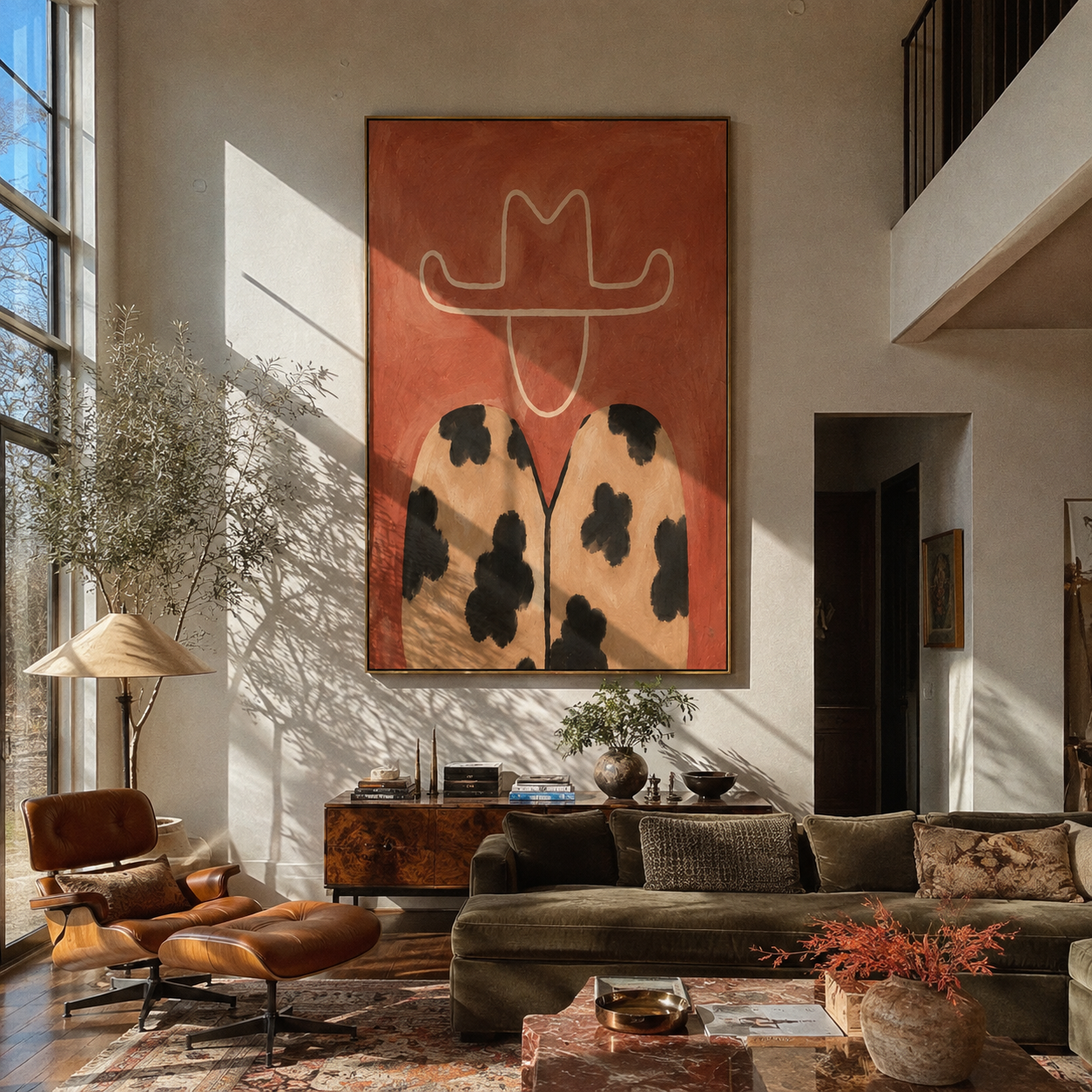 Leopard Spots Hold Coral - coral hat leopard figure by Marcus Lau, Retro Modern vertical wall art – styled room scene view 1
