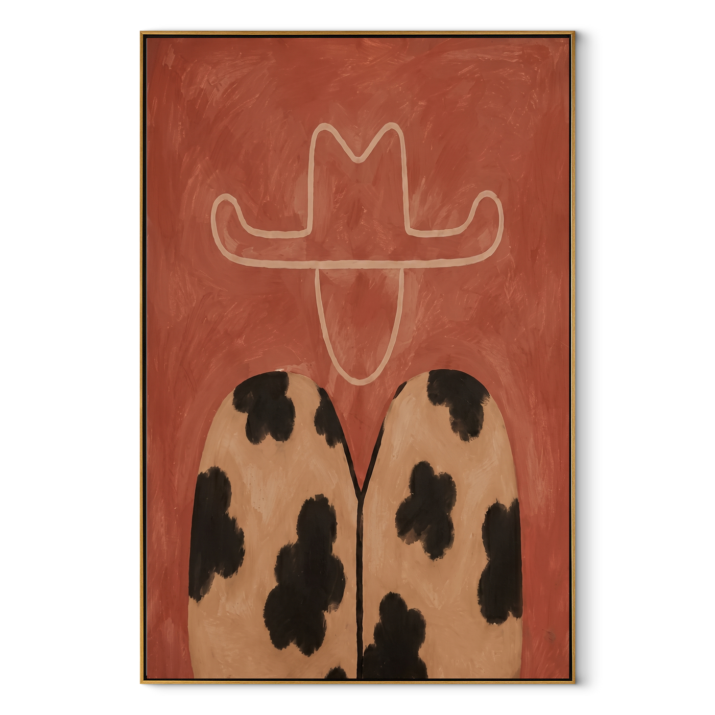 Leopard Spots Hold Coral - coral hat leopard figure by Marcus Lau, Retro Modern vertical wall art – wood frame on white background