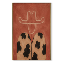 Leopard Spots Hold Coral - coral hat leopard figure by Marcus Lau, Retro Modern vertical wall art – wood frame on white background