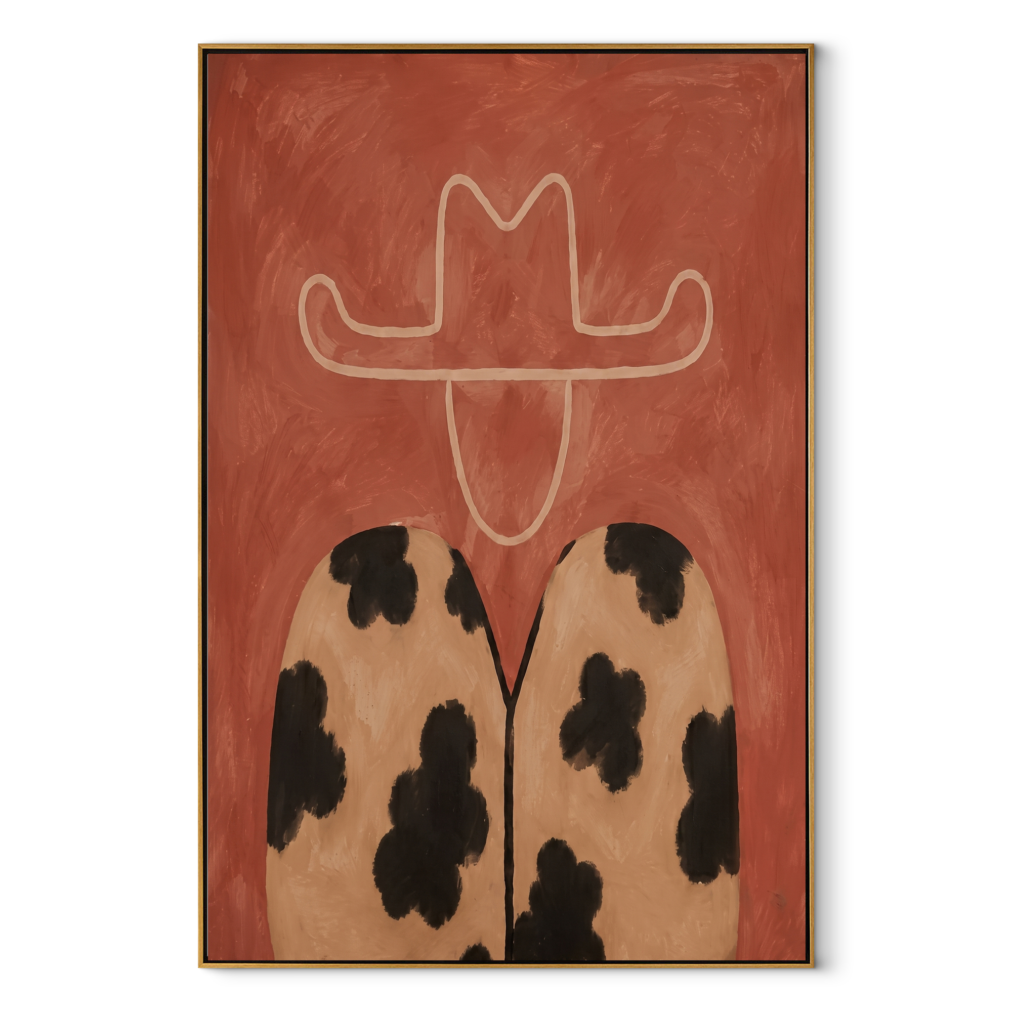 Leopard Spots Hold Coral - coral hat leopard figure by Marcus Lau, Retro Modern vertical wall art – wood frame on white background