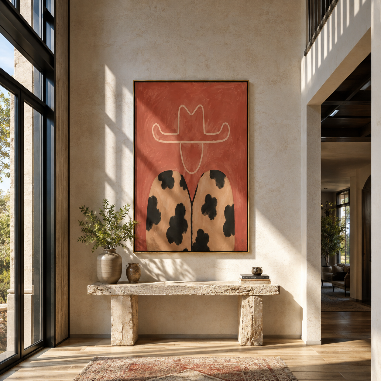 Leopard Spots Hold Coral - coral hat leopard figure by Marcus Lau, Retro Modern vertical wall art – styled room scene view 2