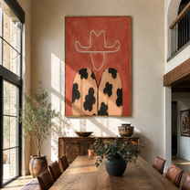 Leopard Spots Hold Coral - coral hat leopard figure by Marcus Lau, Retro Modern vertical wall art – styled room scene view 3