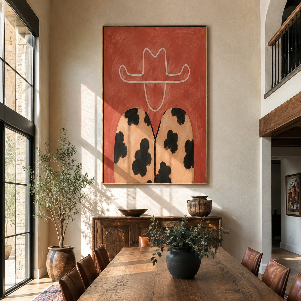 Leopard Spots Hold Coral - coral hat leopard figure by Marcus Lau, Retro Modern vertical wall art – styled room scene view 3
