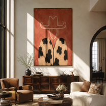 Leopard Spots Hold Coral - coral hat leopard figure by Marcus Lau, Retro Modern vertical wall art – styled room scene view 4