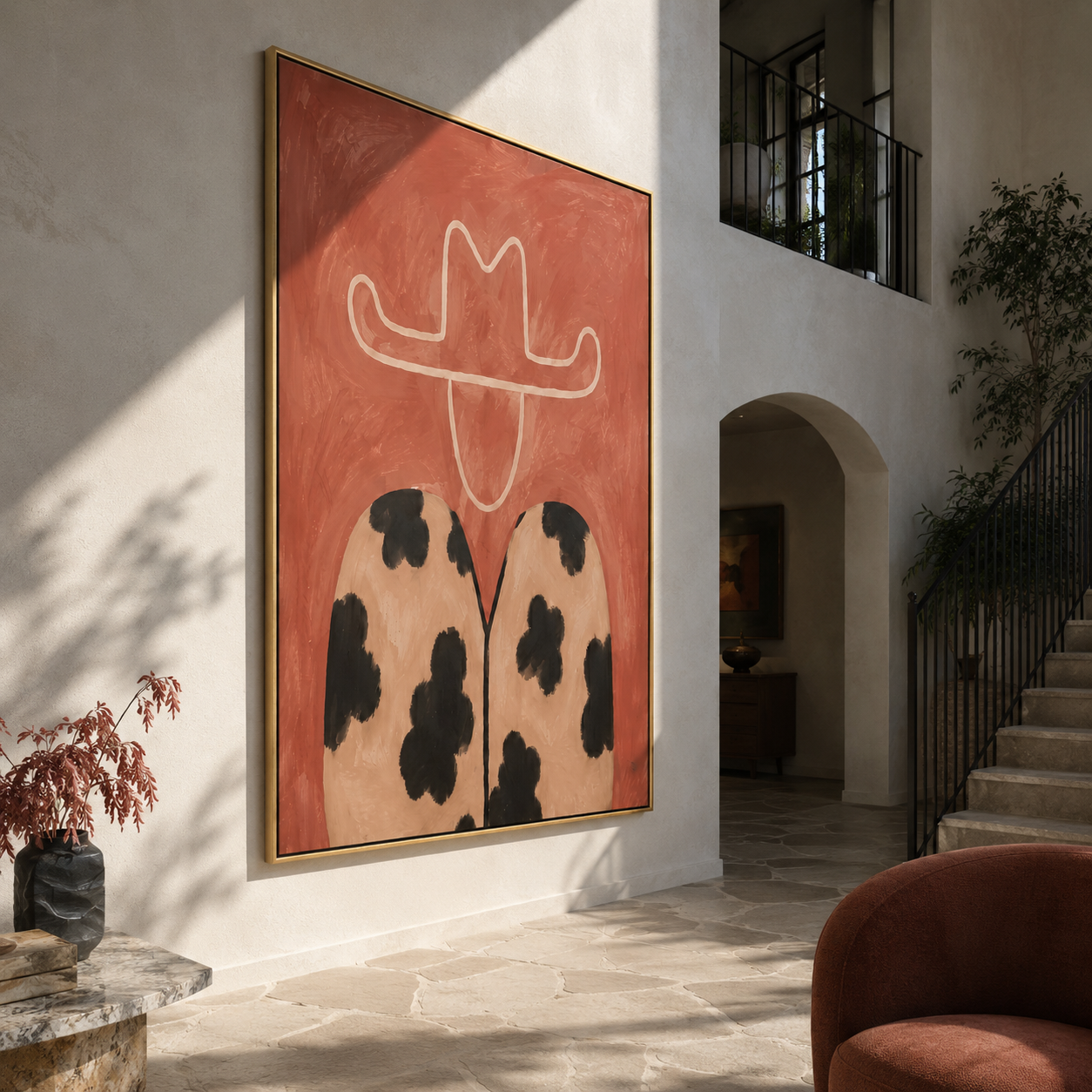 Leopard Spots Hold Coral - coral hat leopard figure by Marcus Lau, Retro Modern vertical wall art – styled room scene view 5