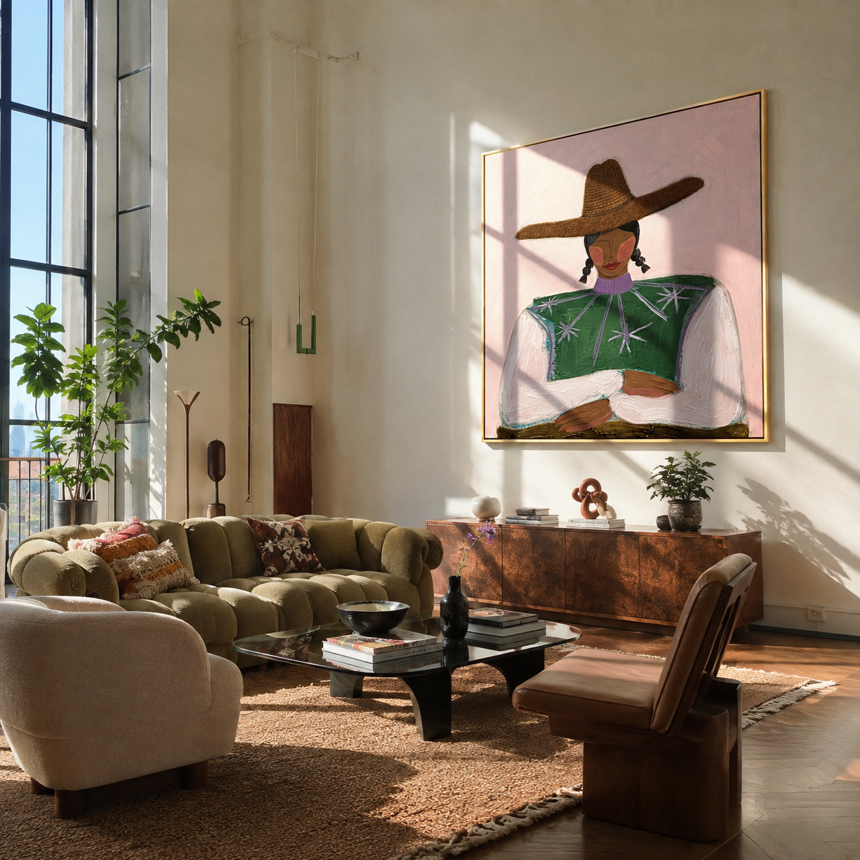 Green Stars Fold Arms - green star blouse woman by Marcus Lau, Retro Modern square wall art – styled room scene view 1