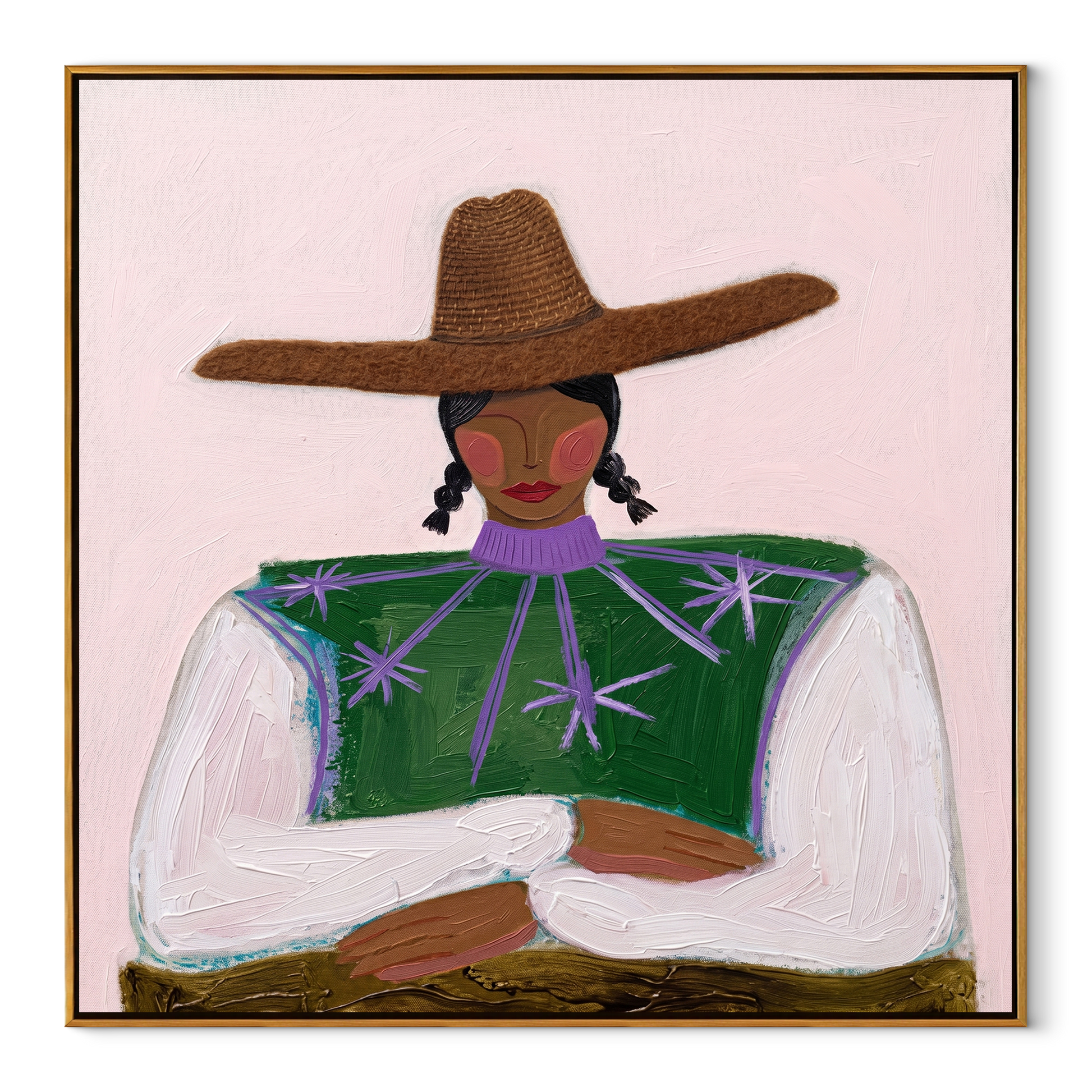 Green Stars Fold Arms - green star blouse woman by Marcus Lau, Retro Modern square wall art – wood frame on white background