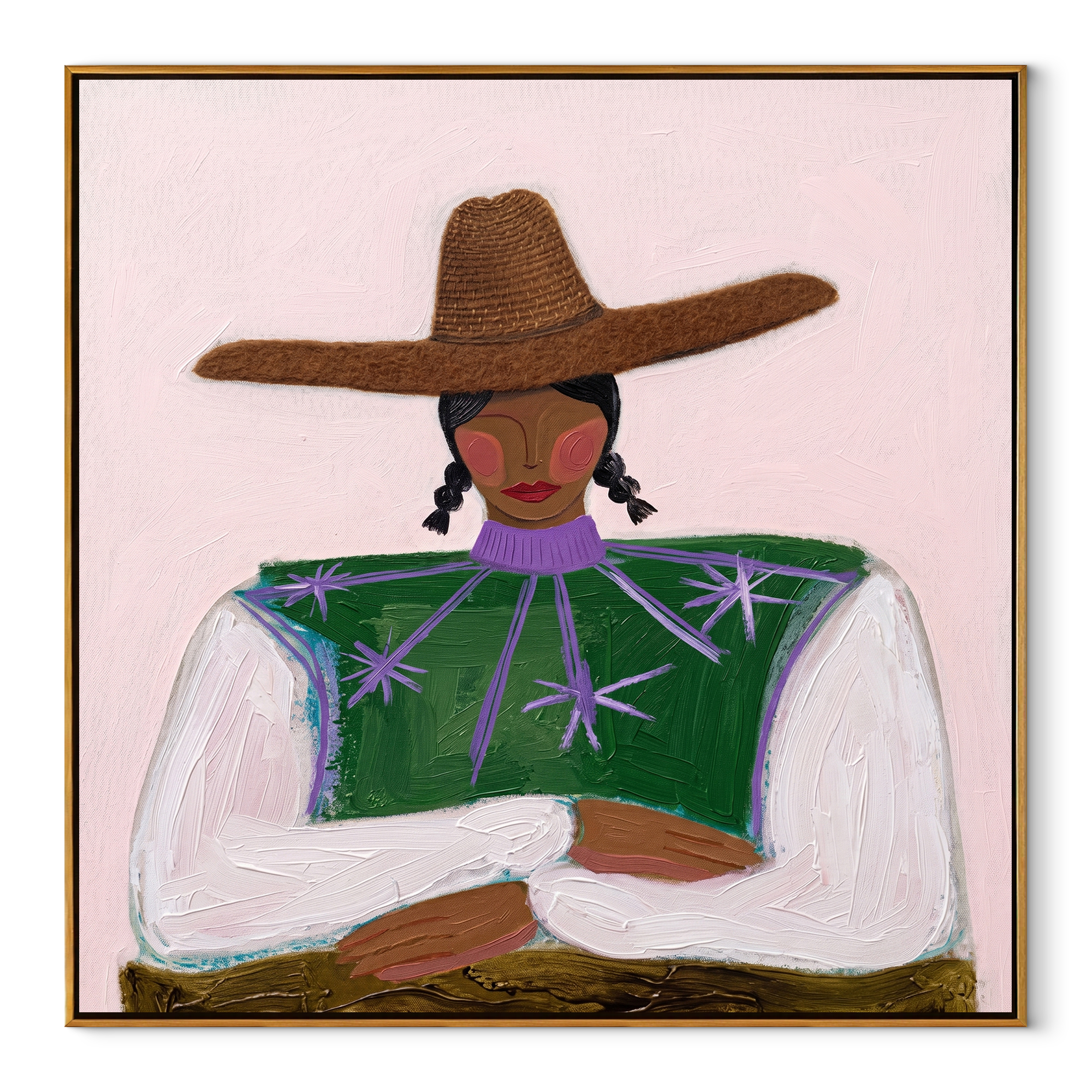 Green Stars Fold Arms - green star blouse woman by Marcus Lau, Retro Modern square wall art – wood frame on white background