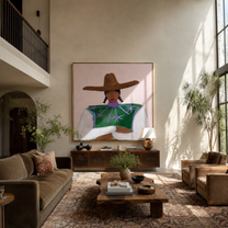 Green Stars Fold Arms - green star blouse woman by Marcus Lau, Retro Modern square wall art – styled room scene view 2