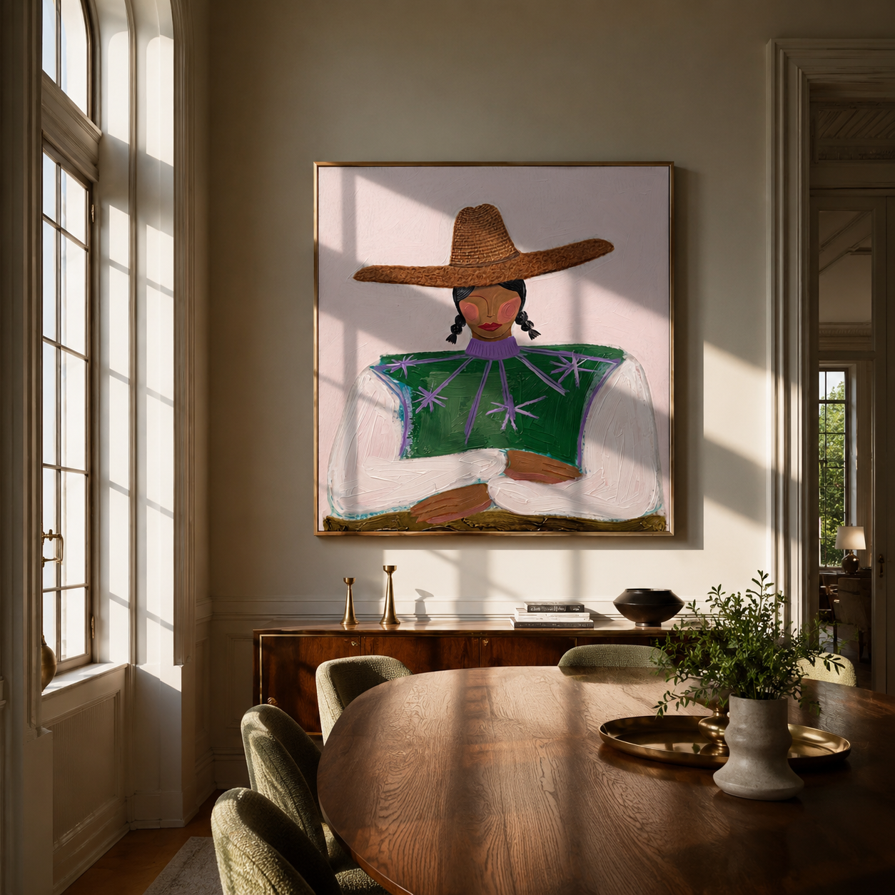 Green Stars Fold Arms - green star blouse woman by Marcus Lau, Retro Modern square wall art – styled room scene view 4