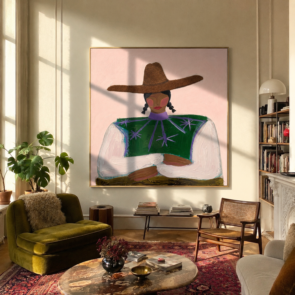 Green Stars Fold Arms - green star blouse woman by Marcus Lau, Retro Modern square wall art – styled room scene view 5
