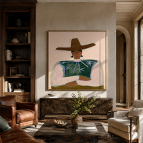 Brown Brim Crosses Green - green star blouse portrait by Marcus Lau, Retro Modern square wall art – styled room scene view 1