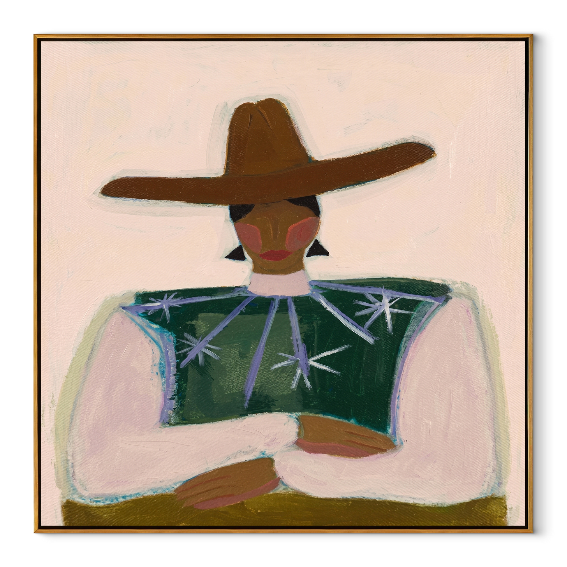 Brown Brim Crosses Green - green star blouse portrait by Marcus Lau, Retro Modern square wall art – wood frame on white background