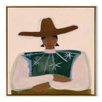 Brown Brim Crosses Green - green star blouse portrait by Marcus Lau, Retro Modern square wall art – wood frame on white background