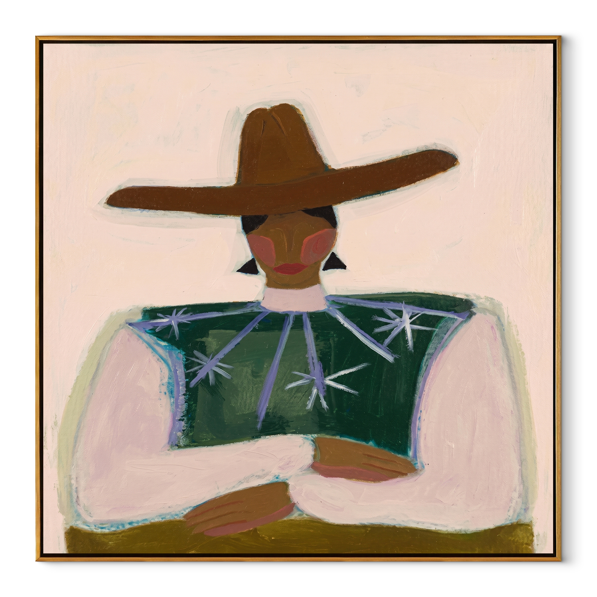 Brown Brim Crosses Green - green star blouse portrait by Marcus Lau, Retro Modern square wall art – wood frame on white background