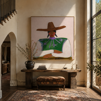 Brown Brim Crosses Green - green star blouse portrait by Marcus Lau, Retro Modern square wall art – styled room scene view 2
