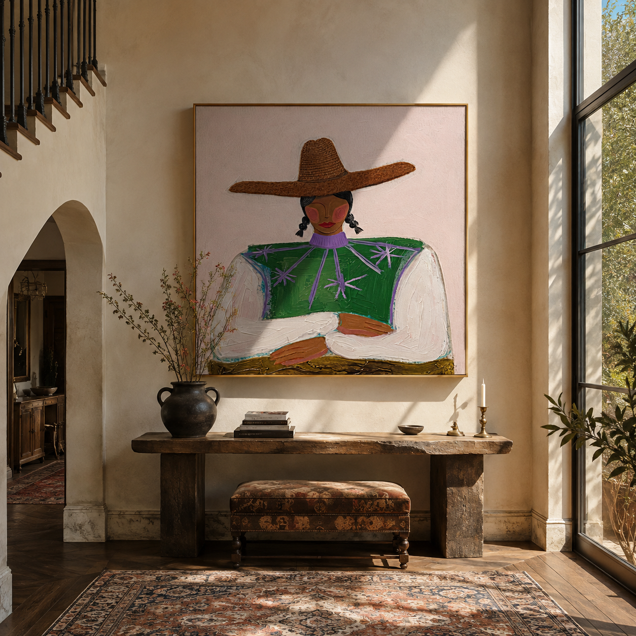 Brown Brim Crosses Green - green star blouse portrait by Marcus Lau, Retro Modern square wall art – styled room scene view 2