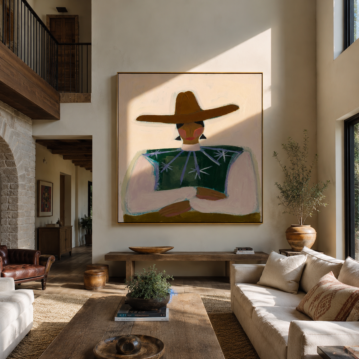 Brown Brim Crosses Green - green star blouse portrait by Marcus Lau, Retro Modern square wall art – styled room scene view 3