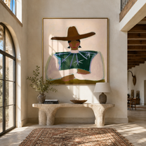 Brown Brim Crosses Green - green star blouse portrait by Marcus Lau, Retro Modern square wall art – styled room scene view 4