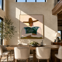 Brown Brim Crosses Green - green star blouse portrait by Marcus Lau, Retro Modern square wall art – styled room scene view 5