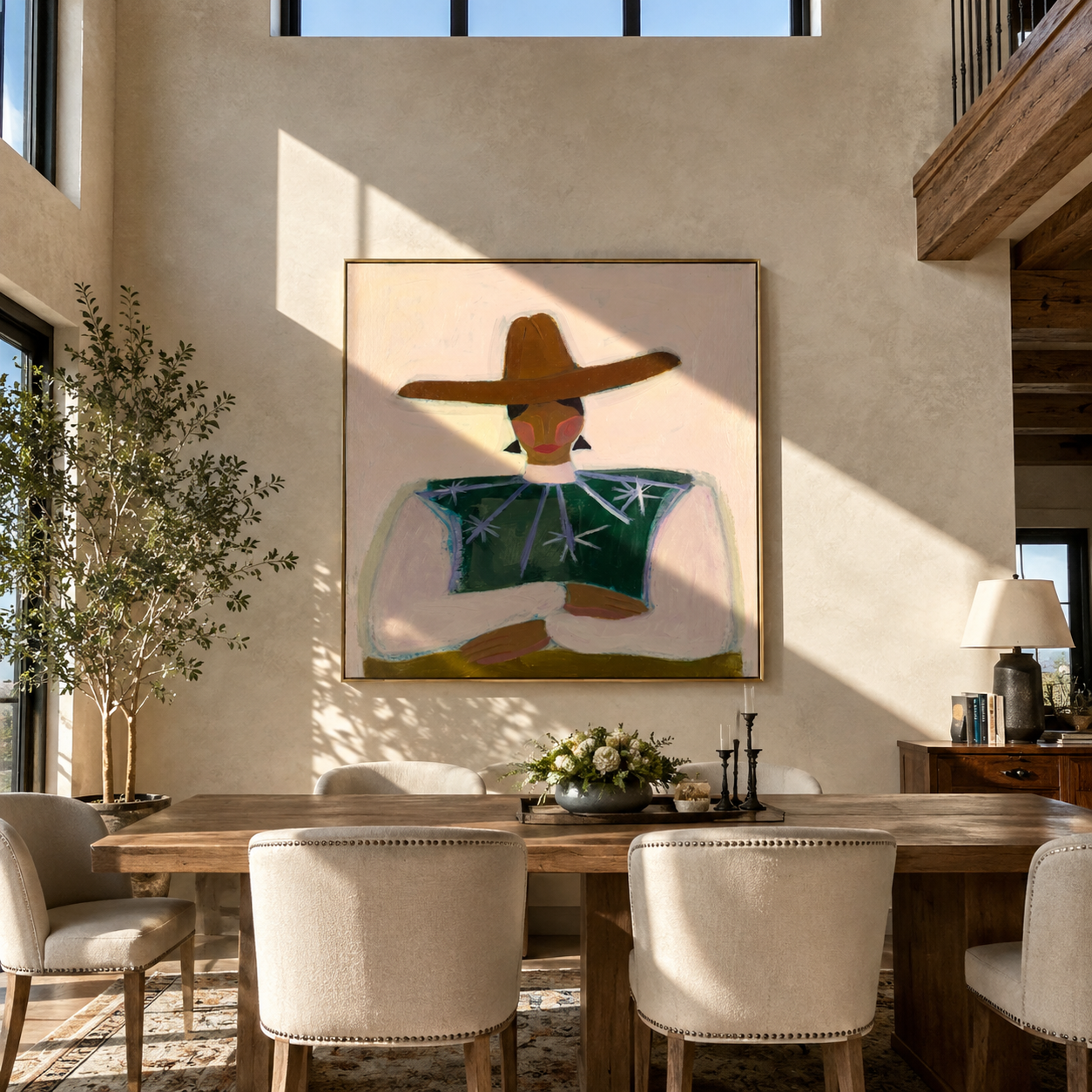Brown Brim Crosses Green - green star blouse portrait by Marcus Lau, Retro Modern square wall art – styled room scene view 5