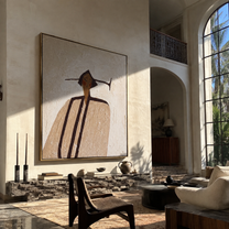 Long Lines Meet Ivory - elongated ivory figure by Marcus Lau, Retro Modern vertical wall art – styled room scene view 1