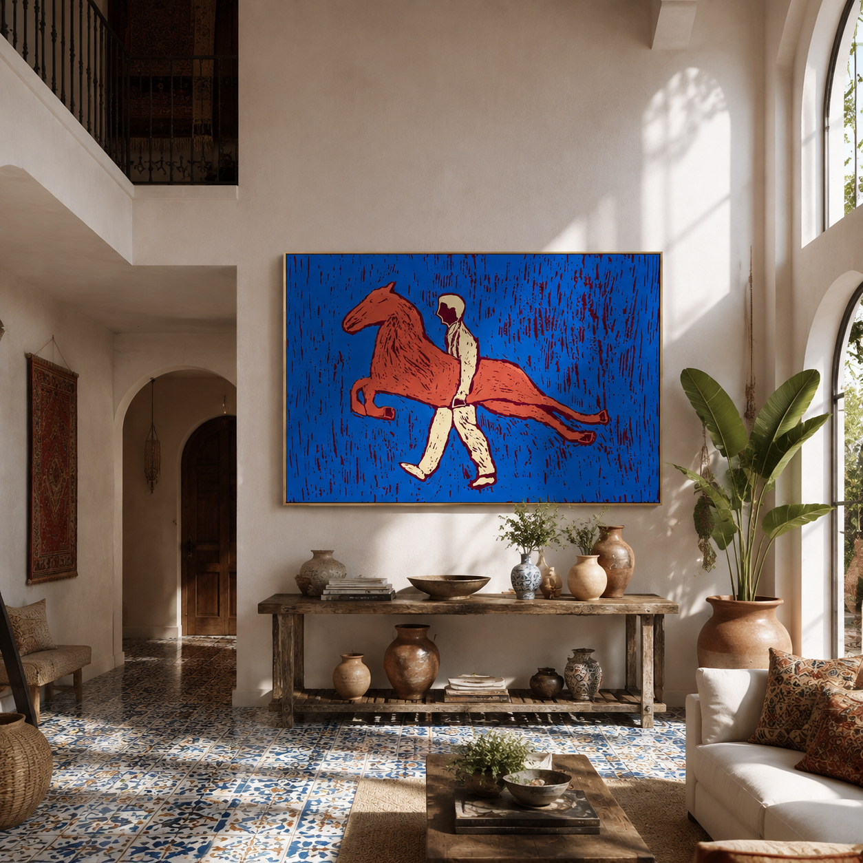 Pink Horse Crosses Blue - figure carrying pink horse by Marcus Lau, Retro Modern horizontal wall art – styled room scene view 1