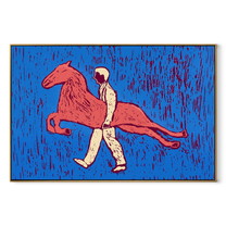 Pink Horse Crosses Blue - figure carrying pink horse by Marcus Lau, Retro Modern horizontal wall art – wood frame on white background