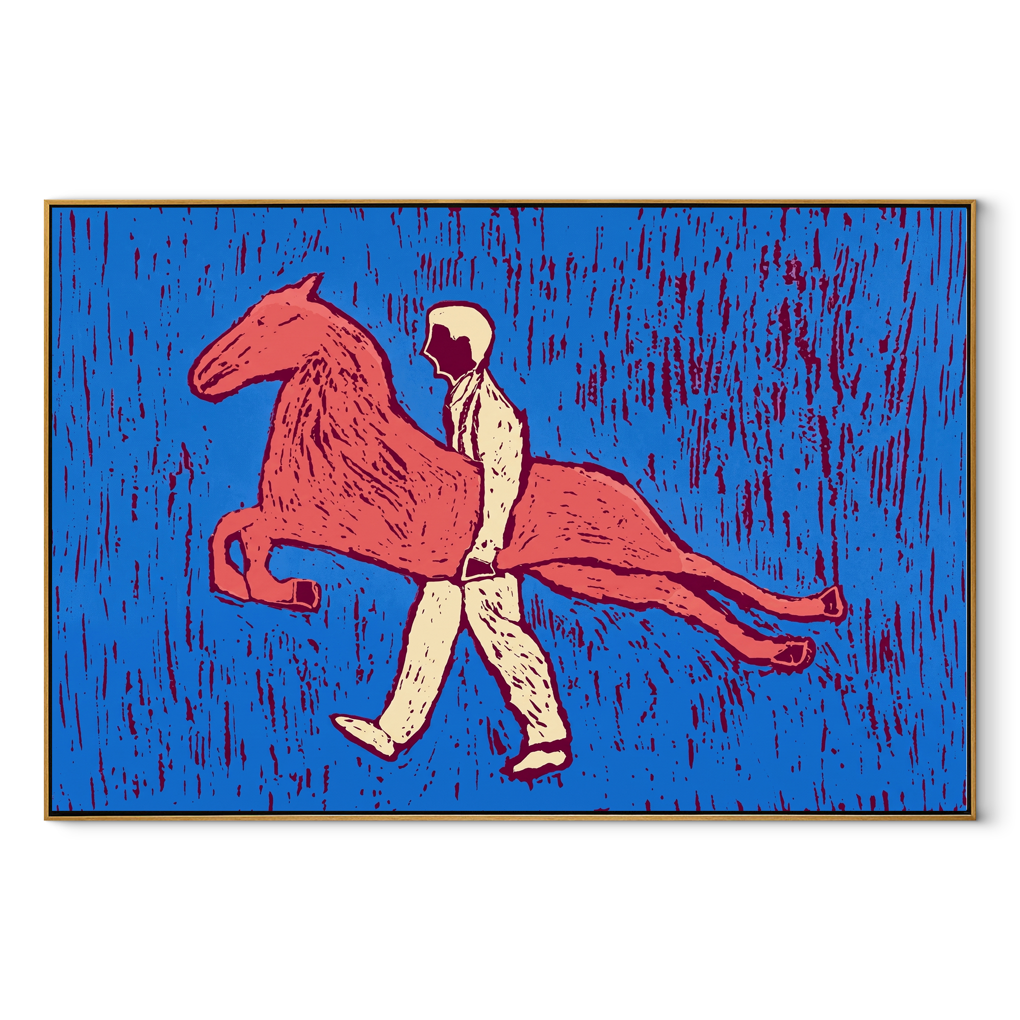 Pink Horse Crosses Blue - figure carrying pink horse by Marcus Lau, Retro Modern horizontal wall art – wood frame on white background