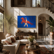 Pink Horse Crosses Blue - figure carrying pink horse by Marcus Lau, Retro Modern horizontal wall art – styled room scene view 2