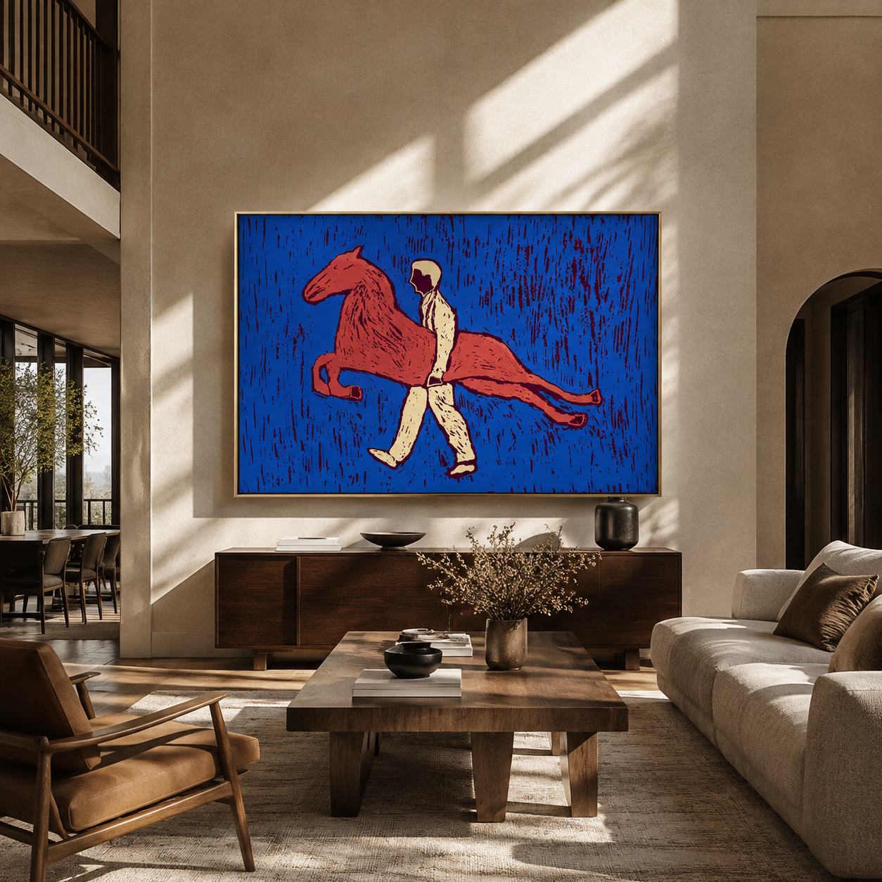 Pink Horse Crosses Blue - figure carrying pink horse by Marcus Lau, Retro Modern horizontal wall art – styled room scene view 3