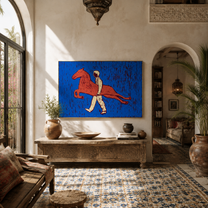 Pink Horse Crosses Blue - figure carrying pink horse by Marcus Lau, Retro Modern horizontal wall art – styled room scene view 4