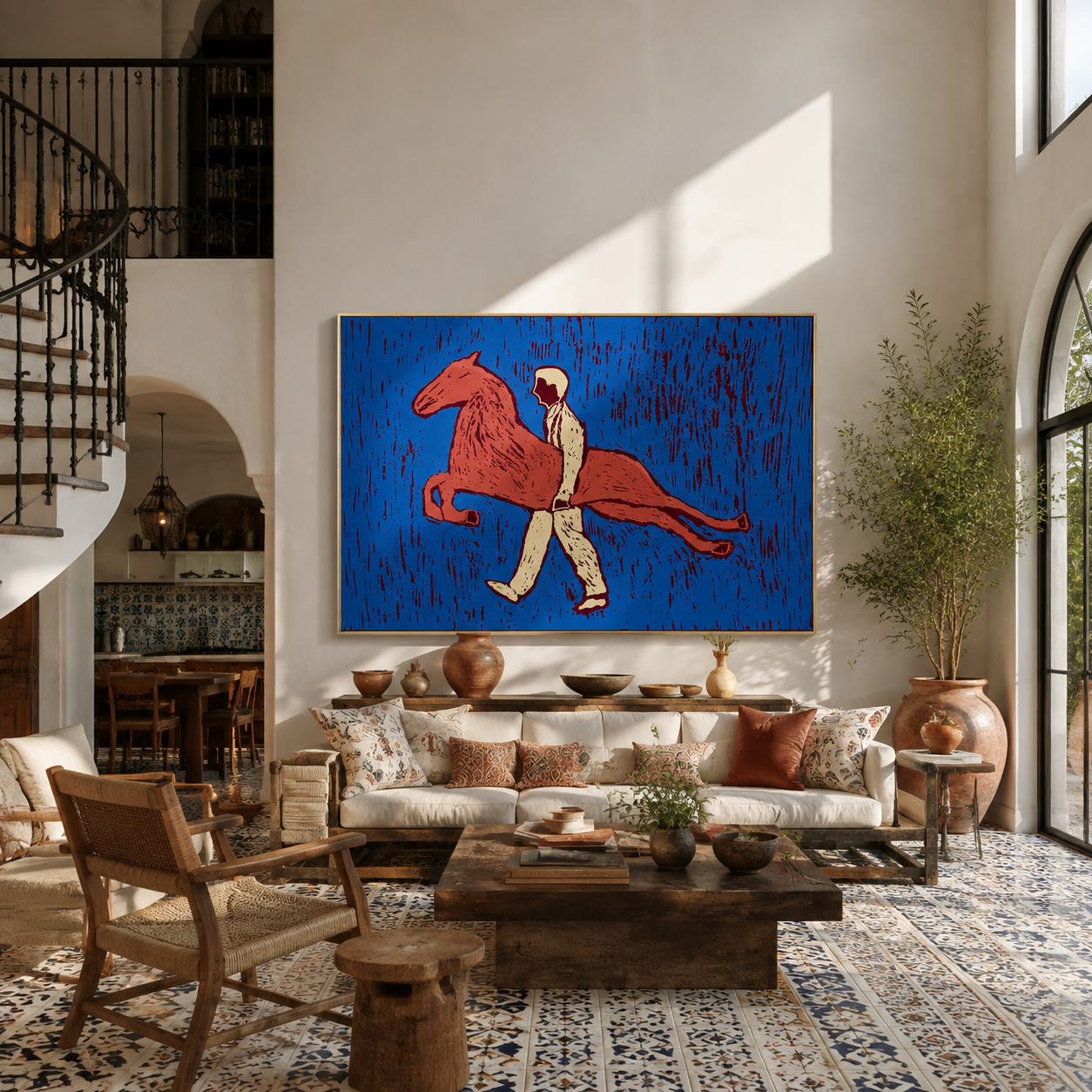 Pink Horse Crosses Blue - figure carrying pink horse by Marcus Lau, Retro Modern horizontal wall art – styled room scene view 5