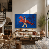 Pink Horse Crosses Blue - figure carrying pink horse by Marcus Lau, Retro Modern horizontal wall art – styled room scene view 5
