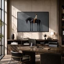 Black Horse Bows Gently - rider on black horse by Marcus Lau, Retro Modern horizontal wall art – styled room scene view 1